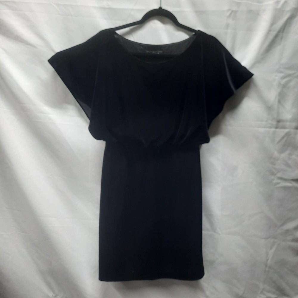 WHBM Black Velvet Open Butterfly Angel Sleeve Pleated Elastic Waist Mini Dress 2
